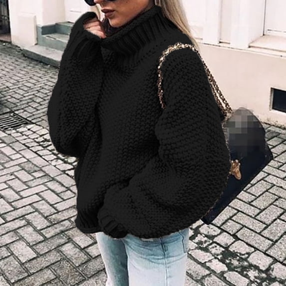 NTACZA Breathable Sweater for Women Warm Mock Neck Chunky Knit Sweaters Oversized Office Fall Winter Casual Sweater Black