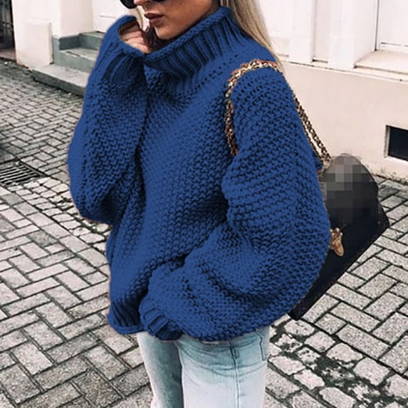 NTACZA Breathable Womens Sweaters Chunky Knit Warm Mock Neck Sweaters Fall Winter Oversized Casual Office Sweater Navy