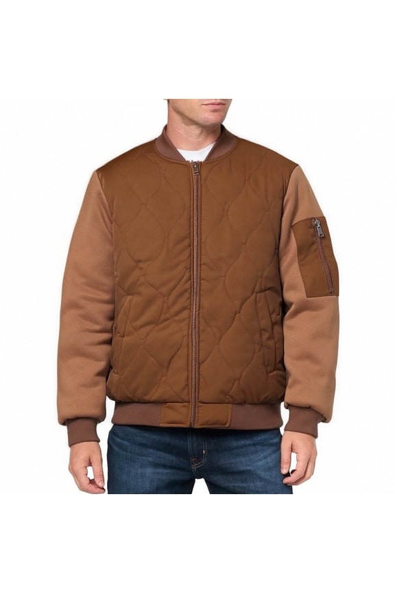 Brown Mens Jackets Quilted Stand Collar Zip up Puffer Jacket Classic Fit Thermal Bomber Coats Mens Coats M