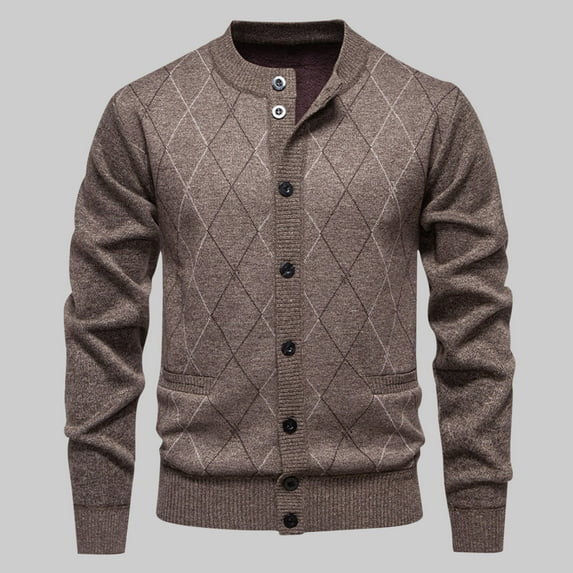 NTACZA Brown Mens Sweaters Button Down Argyle Fleece Lined Sweater Cardigan Knit Pocket Outerwear Mens Jumper L