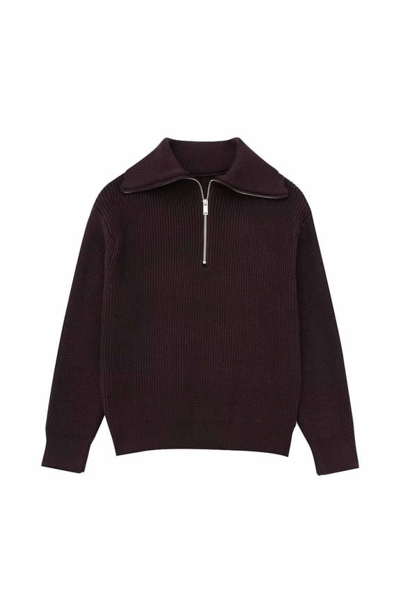 Brown Women Sweater Basic Quarter Zip Mock Neck Sweaters Loose Solid Pullover Polos Womans Jumper L