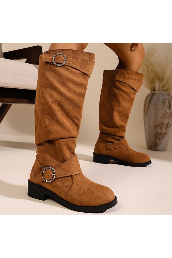 Brown Womens Booties Slouch Wide Calf Knee-High Dress Pull-on Buckle Low Heel Shoes Womans Shoes 39