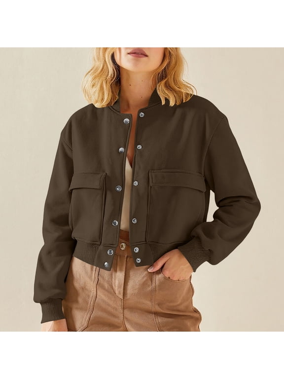 Brown Womens Coats Cropped Bomber Varsity Letterman Solid Elastic Hem Buttons Streetwear Womens Jacket M