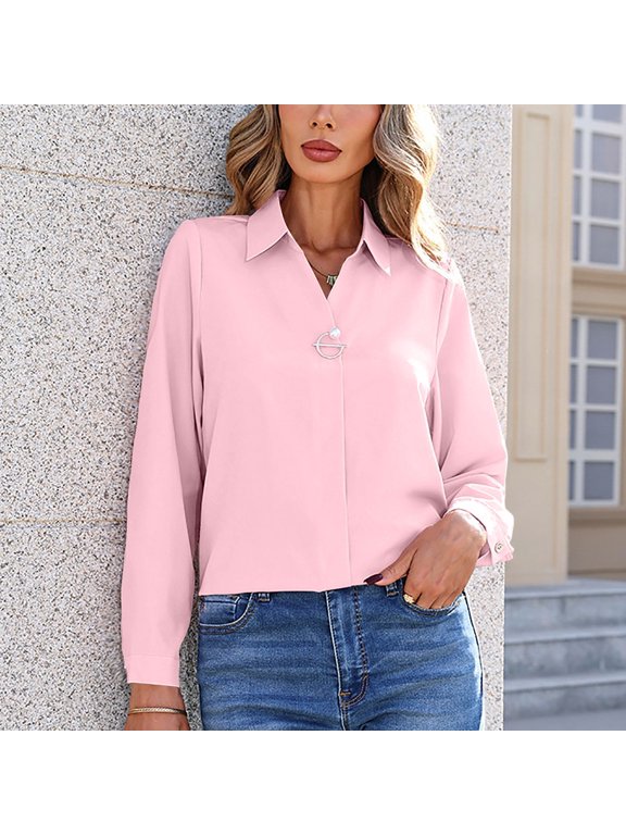 Business Casual Tops for Women Solid Blouses Collared Long Sleeve Blouson Relaxed Fit Office Wear Pink
