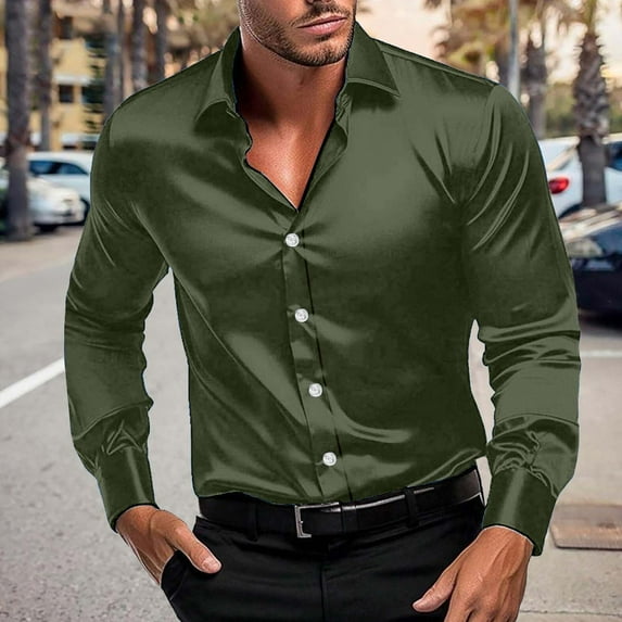 NTACZA Button Down Mens Big and Tall Shirts Green Long Sleeve Dress Shirt Vintage Button up Collared Shirts for Men L