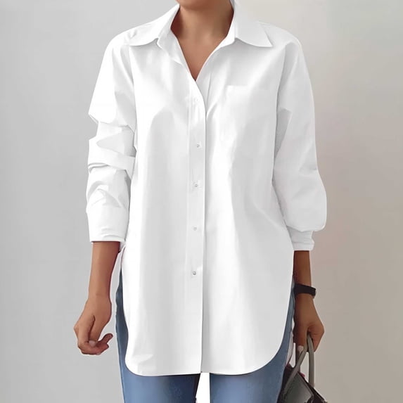 NTACZA Button Down Shirts for Women Pocket Solid Collared Long Sleeve Side Slit Office Casual Business Curved Hem Work Womens Blouses White