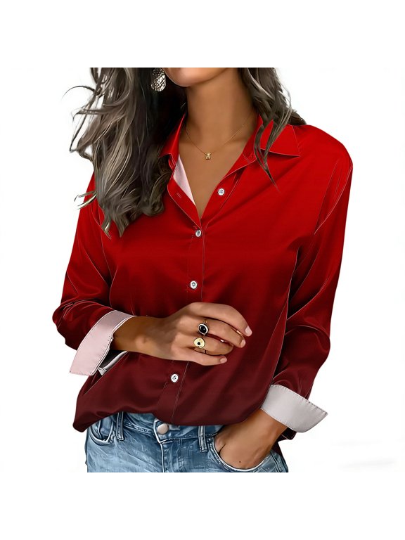 Button Down Summer Tops Ombre Shirts Casual Collared Blouson Long Sleeve Relaxed Fit Blouse Office Wear Wine