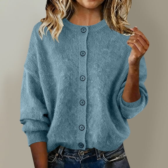 NTACZA Button Down Sweaters Women Slim Fit Blue Thicken Sweater Cardigan Crew Neck Thermal Knit Tops Women Jumpers L