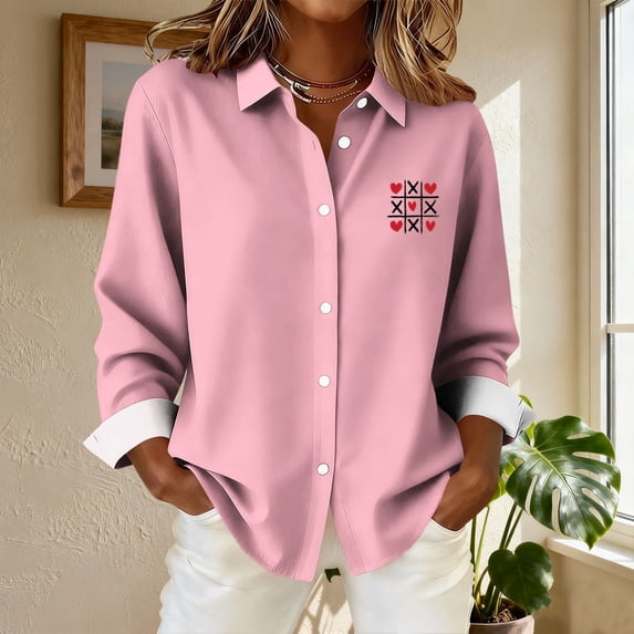 NTACZA Button Down Womens Tops Pink Valentine's Day Collared Tees formal Regular Fit Business Dress Shirt Women Shirts L