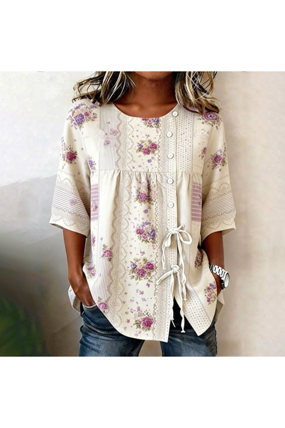 Button,Knot Front,Hide Belly Tops for Women Trendy Embroidered Women's Floral Casual Crew Neck 3/4Sleeve Relaxed Fit Vacation Shirts