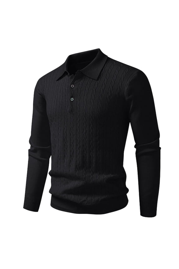 Cable Knit Mens Shirt Solid Black Long Sleeve Polos Knitted Pullover Collared Mens Sweater XXL