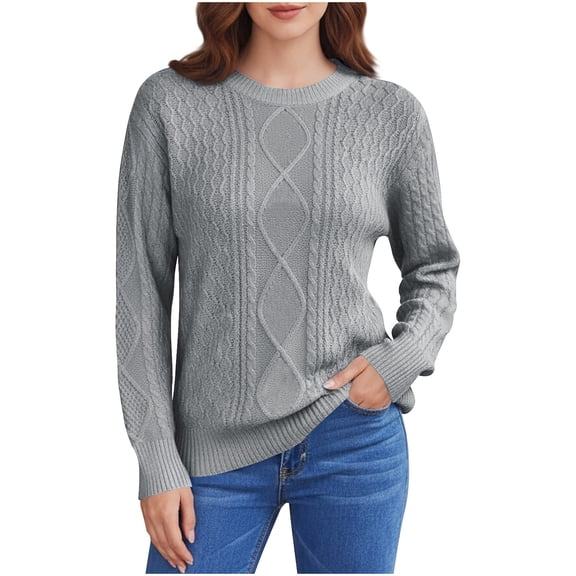 NTACZA Cable Knit Womens Sweaters Crewneck Gray Plus Size Sweaters Loose Fit Thermal Pullover Knit Tops Women's Jumpers XL