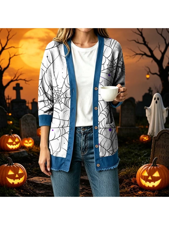 Cardigans Cardigan for Women Halloween Spiderweb Print Denim Patchwork Fringe Casual Coats V-Neck with Pockets Loose Button-Down White