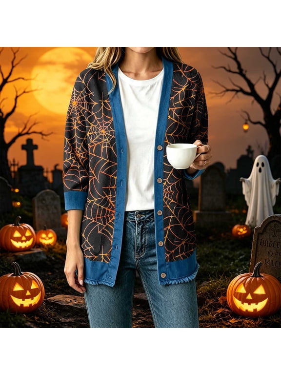 Cardigans Women Cardigan Halloween Spiderweb Print Denim Patchwork Fringe Casual V-Neck Button-Down with Pockets Loose Coats Halloween Orange