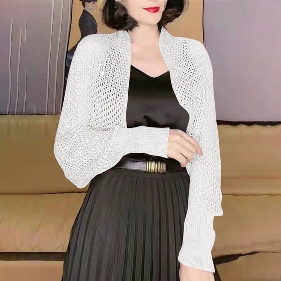 NTACZA Cardigans Women's Cardigans Knitted Open Front Crop Dressy Shrugs Relaxed Fit Eyelet Crochet Daily White