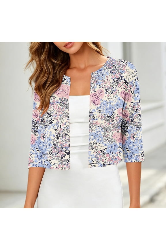 Cardigans for Women Open Front Cropped Rose Print 3/4 Sleeve Crew Neck Regular Work Casual Size S