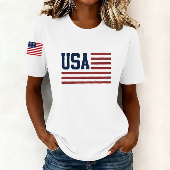 NTACZA Casual Cute Summer Tops T‑Shirts Crew Neck Usa American Flag Print Short Sleeve Festival Relaxed Fit Graphic Tees White