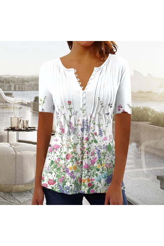 Casual Cute Tops For Women Summer Comfortable Black Blouses V-neck Short Sleeve Floral Shirts Womens Graphic T Shirts