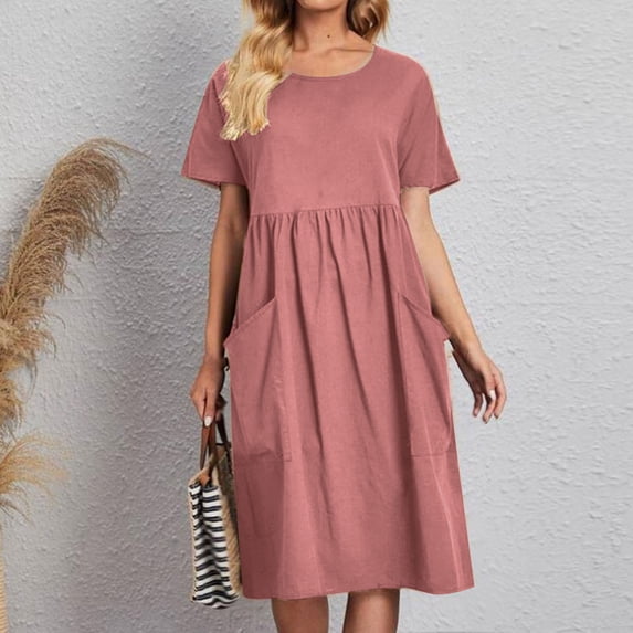 NTACZA Casual Dresses for Women Round Neck Cotton Midi with Pockets Short Sleeve A-Line Vacation Pink XXXXL