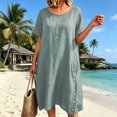 thumbnail image 1 of NTACZA Casual Dresses for Women Shift Cotton Lien Short Sleeve Round Neck Midi Side Button Loose with Pockets Solid Casual Vacation Beach Gray L, 1 of 6