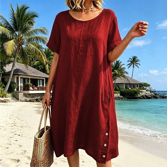 NTACZA Casual Dresses for Women Side Button Cotton Lien Shift Round Neck Short Sleeve Midi Casual Solid with Pockets Loose Vacation Beach Red L