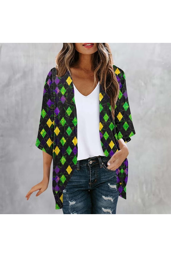 Casual Lightweight Cardigan Open Front 3/4 Sleeve Argyle Kimono Coverups Regular Beachwear Green