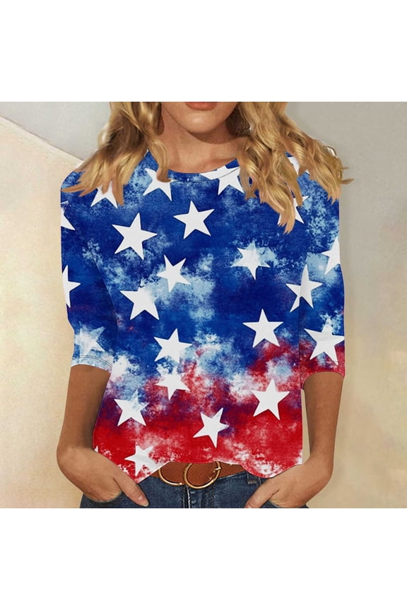 Casual Spring Tops for Women Women's Star Print 3/4Sleeve Festival Relaxed Fit Crew Neck Summer Shirts for Women