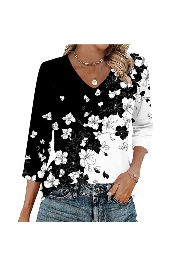 Casual Summer Tops for Women 2026 Black And White Floral Print V‑Neck 3/4 Sleeve Graphic Tees Relaxed Fit Tunic Wedding Vacation Womens Blouses