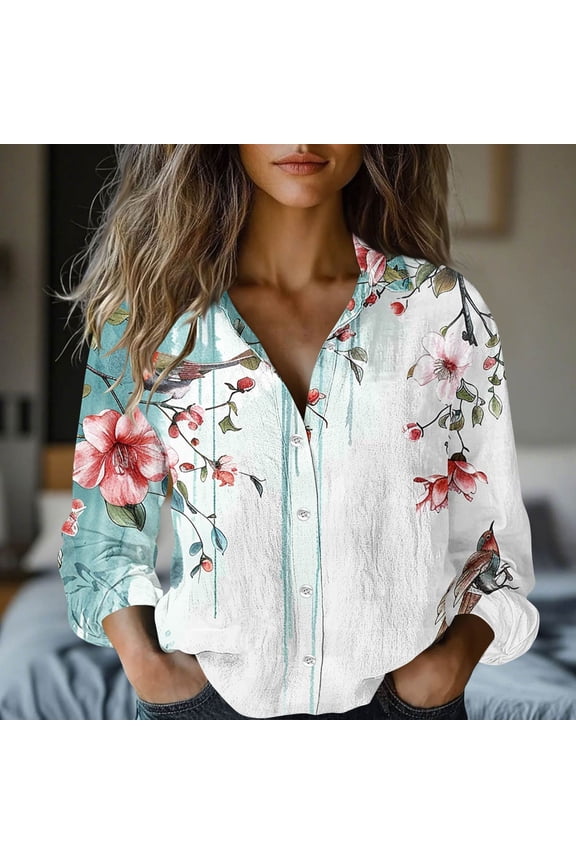 Casual Summer Tops for Women Shirts Floral Bird Print Button Down Collared Blouson Blouse Long Sleeve Relaxed Fit Office Wear Multicolor