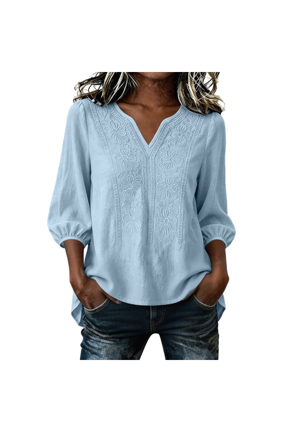 Casual Women'S Tops, Tees & Blouses Women's Solid Embroidered Embellished Vacation V-Neck 3/4Sleeve Loose Shirts