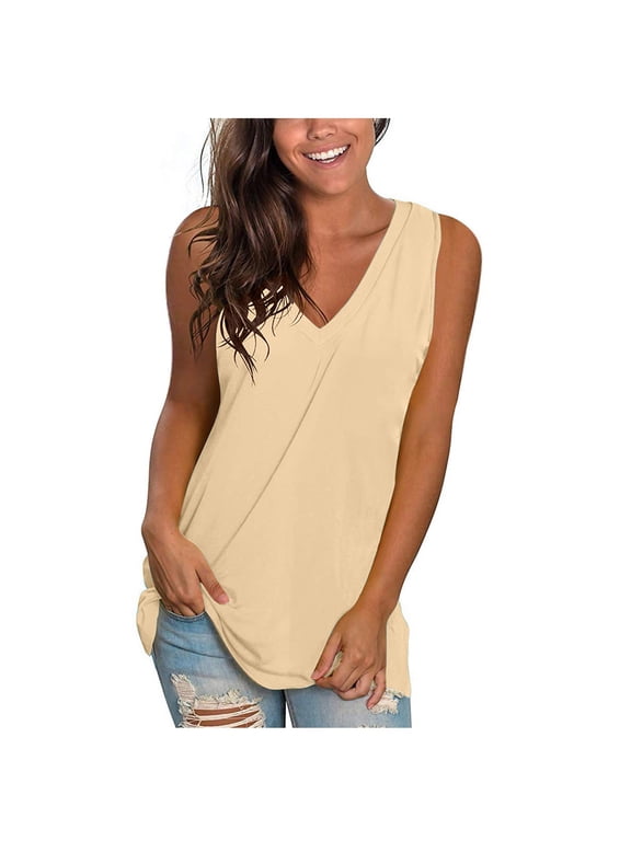 Casual Women Tank Tops Sleeveless Wide Strap High Low Tank Tops Basic Solid V-Neck Loose T-Shirts Tops