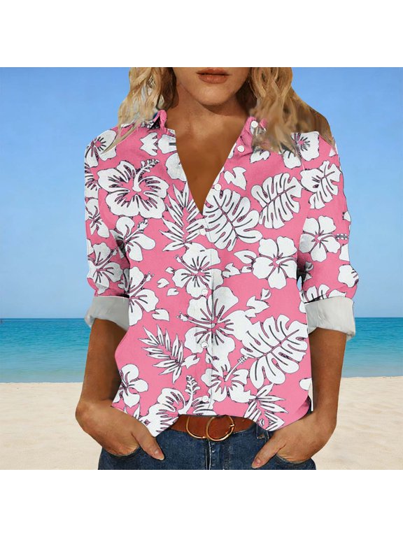 Casual Womens Tops Shirts Floral Button Down Collared Blouse Relaxed Fit Long Sleeve Blouson Beach Pink