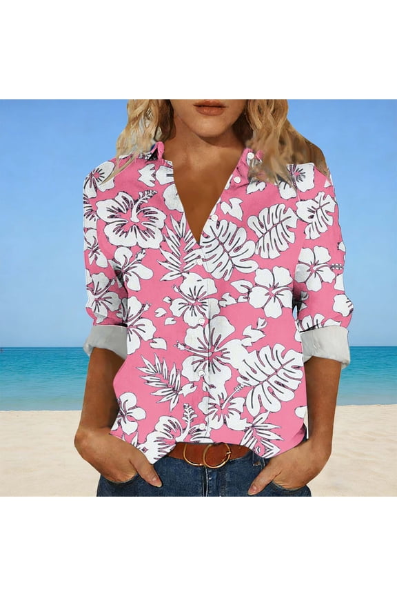 Casual Womens Tops Shirts Floral Button Down Collared Blouse Relaxed Fit Long Sleeve Blouson Beach Pink