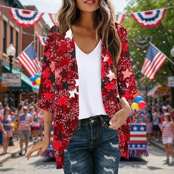 NTACZA Chiffon Womens Cardigan 2026 Flowy 3/4 Sleeve Patriotic Star Print Open Front Kimono Coverups Regular Red