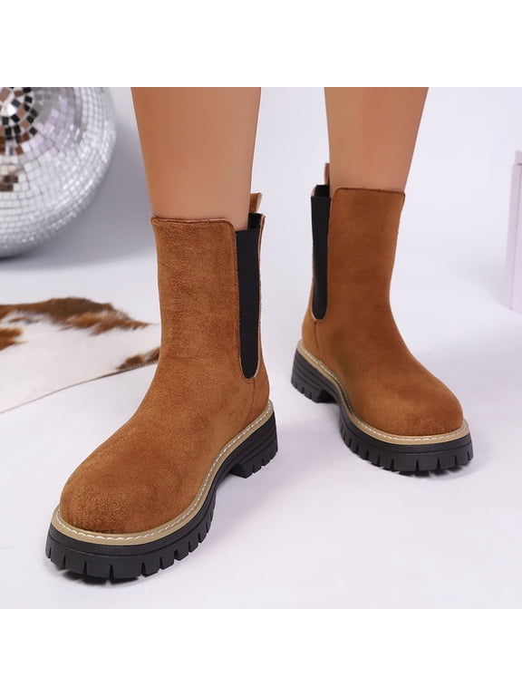 Chunky Women Boots Brown Ankle Chelsea Winter Pull-on Wide Width Booties Womens Shoes 38