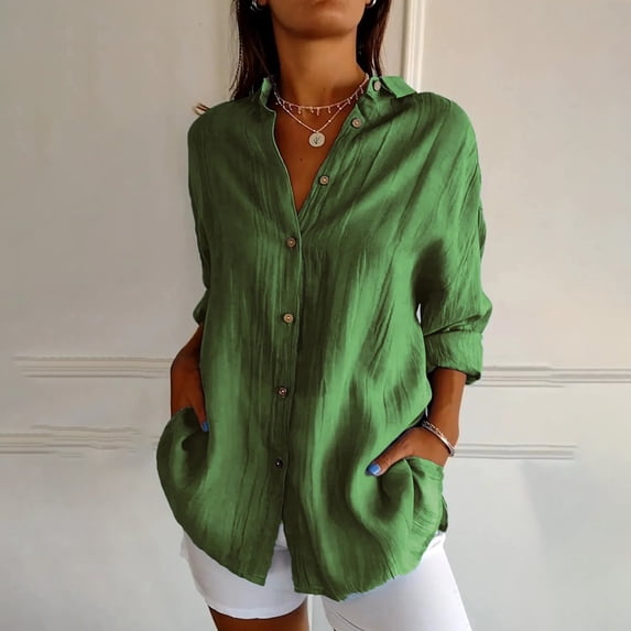 NTACZA Collared Dress Shirts for Women Button Down Dressy Long Sleeve Solid Business Office Early Fall Fashion Casual Work Blouses for Women Green