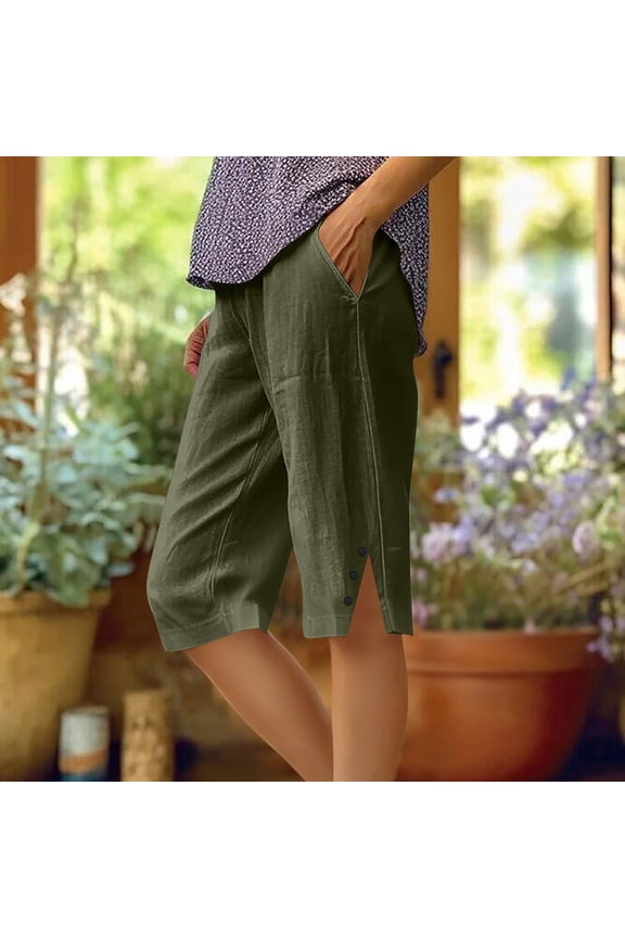 Comfy Cotton Linen Shorts Women's Capri Quick-Dry Elastic Waist Ladies Shorts L