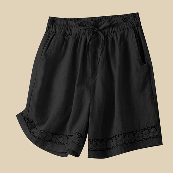 NTACZA Cotton Linen Shorts Women Embroidered Drawstring Shorts Elastic Waist Boho Ladies Shorts L