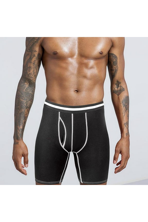 Cotton Underwear for Men Long Leg Black Breathable Boxer Briefs Open Fly Athletic Men's Briefs Underwear L