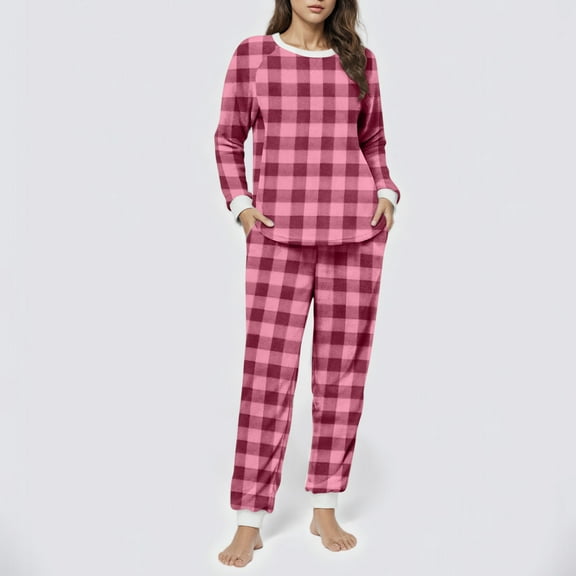 NTACZA Cozy Women Pjs Sets Fleece Long Sleeve Pjs Sets Pullover Jogger Plaid Women's Lounge Set L