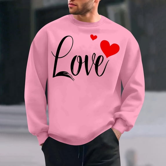 NTACZA Crew Neck Mens Casual Shirts Novelty Pink Valentines Day Sweatshirt Love Heart Long Sleeve Holiday Mens T-Shirts L