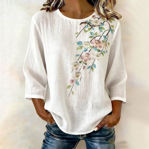NTACZA Crew Neck Summer Tops for Women 2026 Floral Cotton And Linen Casual Blouses Relaxed Fit 3/4-Sleeve Shirts for Women