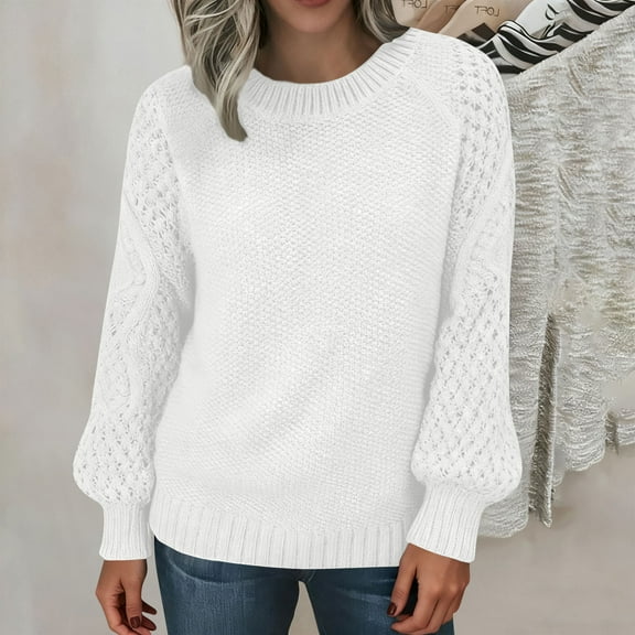 NTACZA Crewneck Holiday Sweaters for Women Pullover White Thick Sweater Solid Cozy Knit Tops Knitted Jumpers for Women L