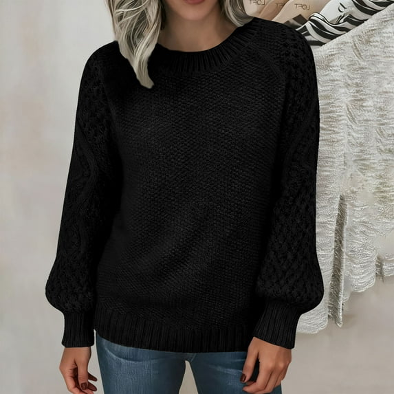 NTACZA Crewneck Women's Sweaters Black Pullover Thick Sweater Cozy Solid Long Sleeve Knit Tops Womans Jumper 3X