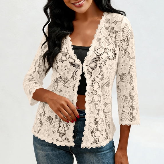 NTACZA Crochet Summer Cardigans for Women Lightweight Tie Front Solid 3/4 Sleeve Lace Regular Sweater Dailywear Beige