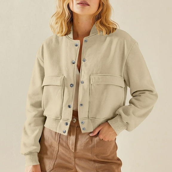 NTACZA Cropped Coats for Women Beige Varsity Letterman Bomber Buttons Elastic Hem Solid Streetwear Women's Jacket L