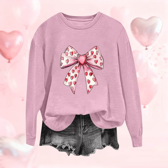 NTACZA Cute Womens Tops Casual Long Sleeve Valentine's Day Pink Sweatshirt Funny Bow Print Plus Size Women Shirts S