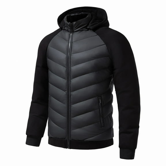 NTACZA Detachable Mens Jackets Zip up Black Hooded Puffer Jacket Raglan Sleeve Patchwork Slim Fit Coats for Men S