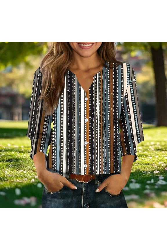 Dot Striped Print Womens Tops Blouson V‑Neck 3/4 Sleeve Casual Graphic Tees Work Button Front Relaxed Fit with Smocked Cuffs Women'S Blouses
