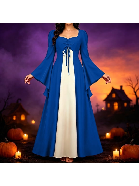 Dresses Palac Color Blocks Square Neckline Maxi Long Sleeve Ball Gown with Trumpet Sleeves Halloween Blue XXL